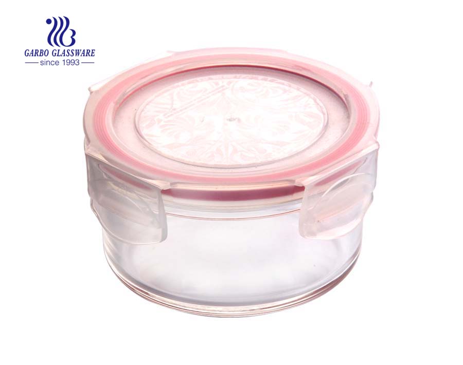 China fabrica una fiambrera redonda de vidrio rosa de borosilicato de 380 ml