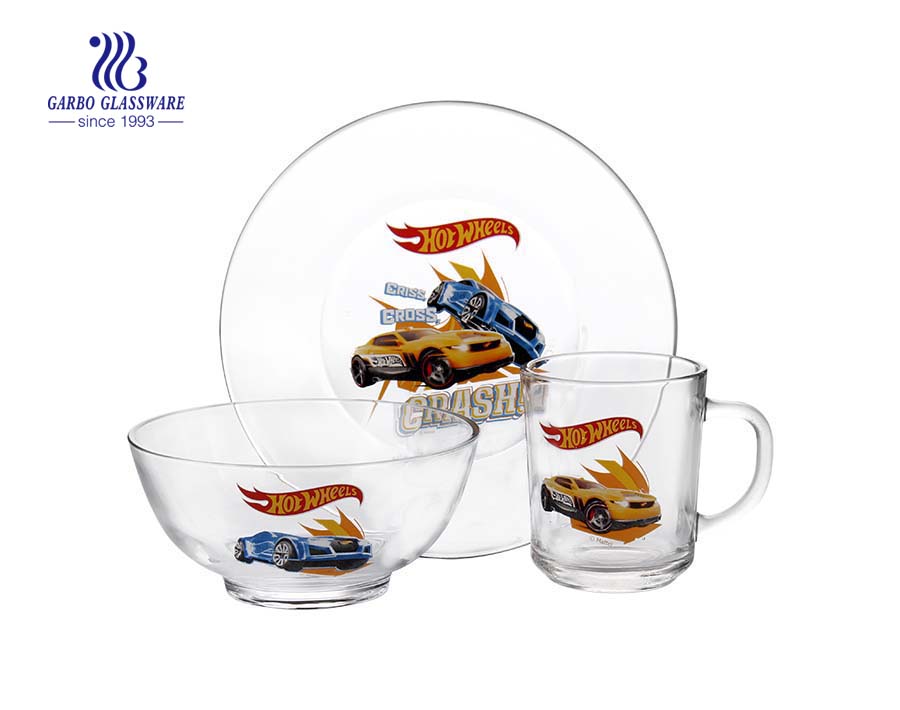 3pcs hot sale customize decal glassware dinner set for souvenir