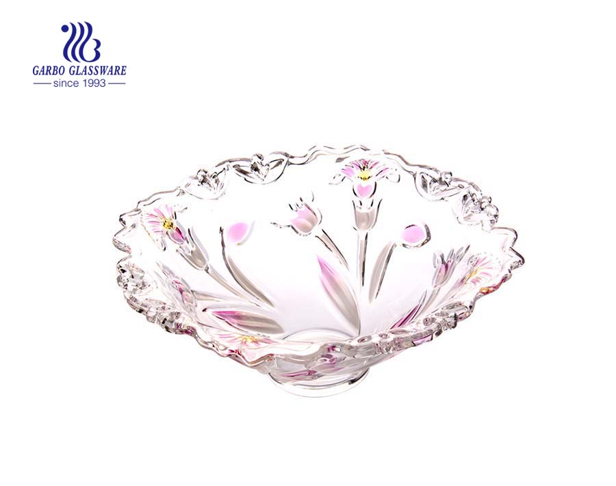 13'' Glass Fruit Bowl with Spray Petunia design for fruit