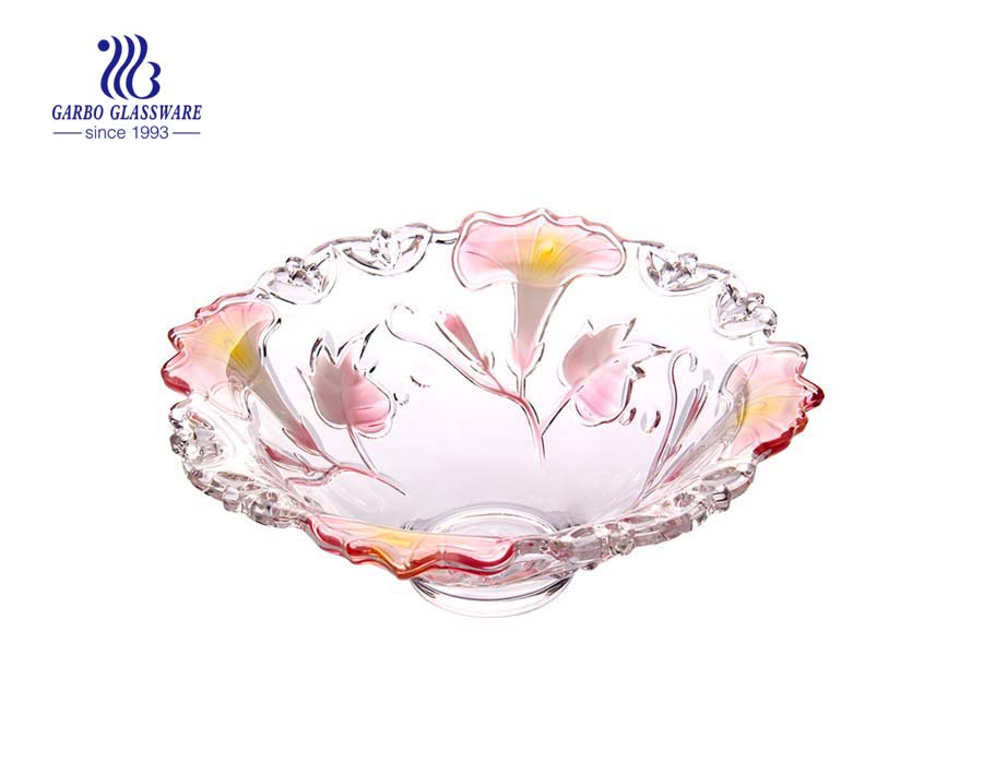 13'' Glass Fruit Bowl with Spray Petunia design for fruit