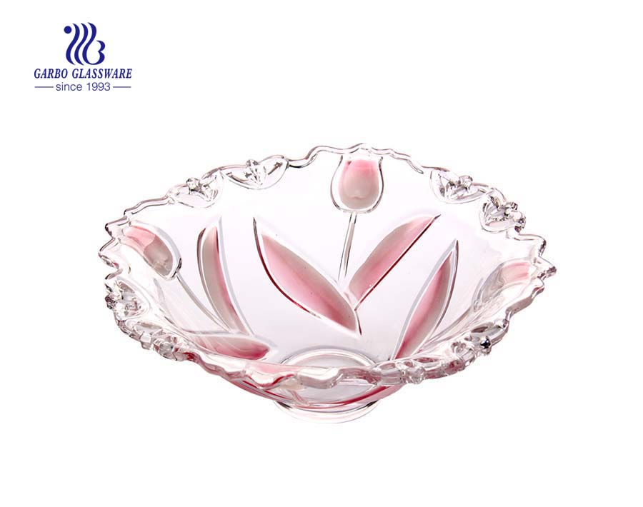 13'' Glass Fruit Bowl with Spray Petunia design for fruit