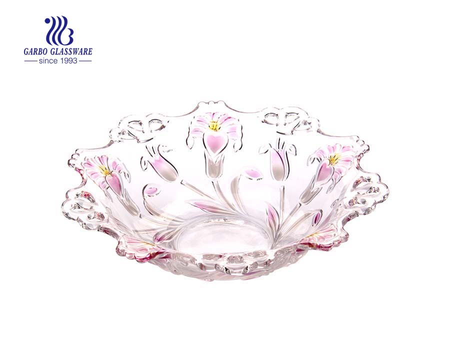 13'' Glass Fruit Bowl with Spray Petunia design for fruit