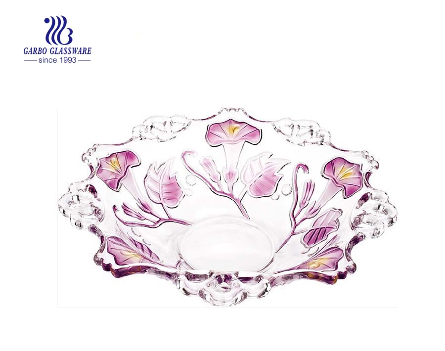 13'' Glass Fruit Bowl with Spray Petunia design for fruit