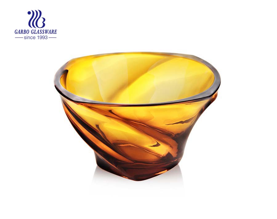 11.8'' Amber Color Glass fruit bowl with spiral design