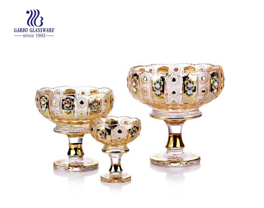 Conjunto de fruteiras de vidro banhado a ouro decorativo estilo Ásia Central 3 peças