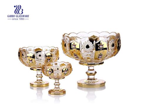 Conjunto de fruteiras de vidro banhado a ouro decorativo estilo Ásia Central 3 peças