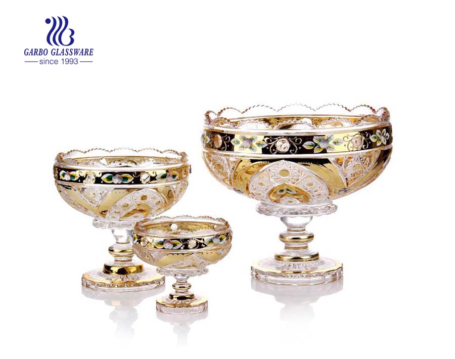 Conjunto de fruteiras de vidro banhado a ouro decorativo estilo Ásia Central 3 peças