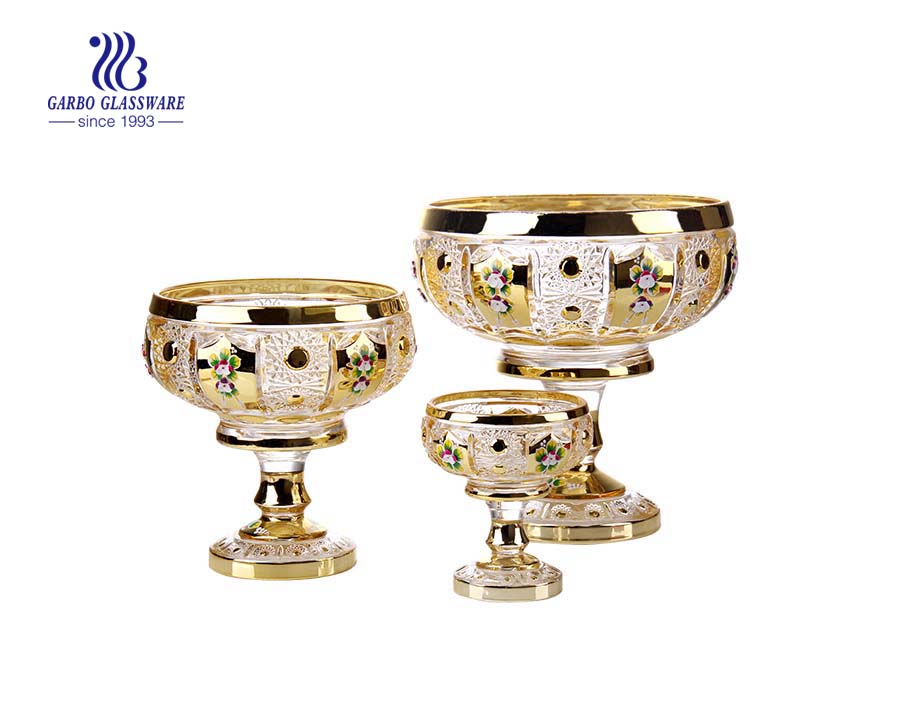 Conjunto de fruteiras de vidro banhado a ouro decorativo estilo Ásia Central 3 peças