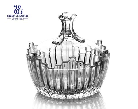 Hot Sale Classic Ribbed Design Glass Candy Jar with Lid