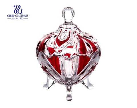 Red Color Sprayed Decorative Glass Candy Pot with Lid