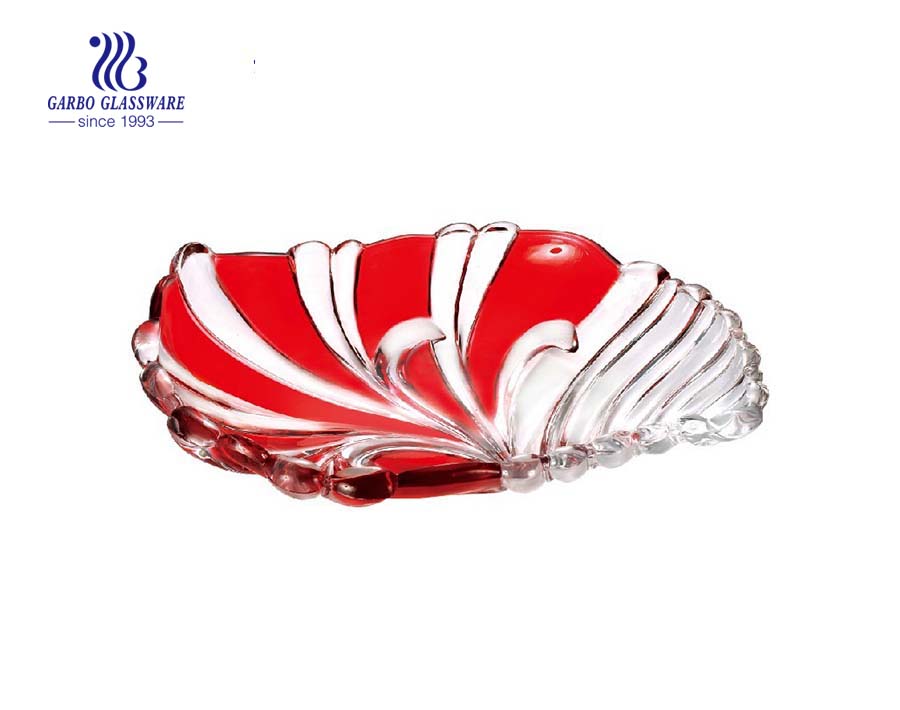 Unique conch shape glass fruit plate with spray blue color