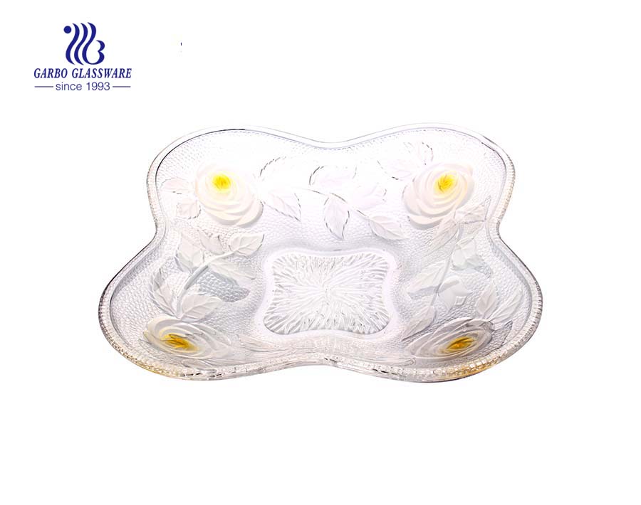 Colorful Glass fruit plate with rose engraved design