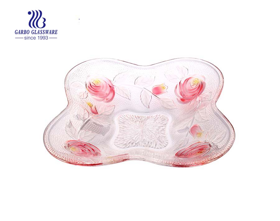 Colorful Glass fruit plate with rose engraved design