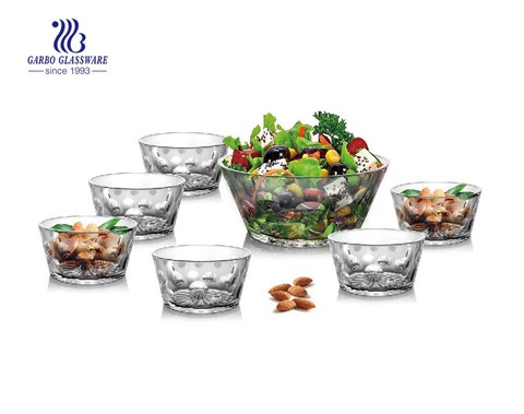 Nuevo diseño venta caliente tazón de vidrio set 7 piezas para ensalada fruta nueces contenedor