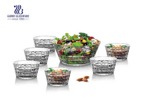 Nuevo diseño venta caliente tazón de vidrio set 7 piezas para ensalada fruta nueces contenedor