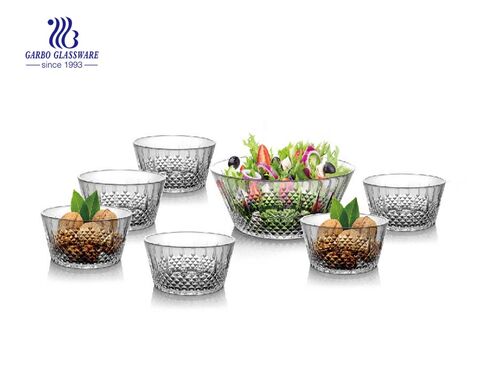 Nuevo diseño venta caliente tazón de vidrio set 7 piezas para ensalada fruta nueces contenedor