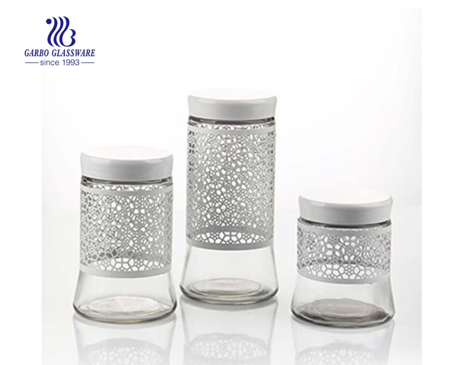 1000ml round glass storage jars set with black metal coat