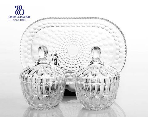 Hot sale decorative dot design 3pcs glass candy jar sets with plate 