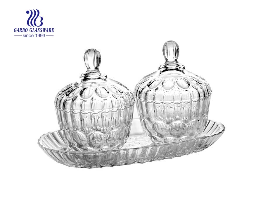 Hot sale decorative dot design 3pcs glass candy jar sets with plate 