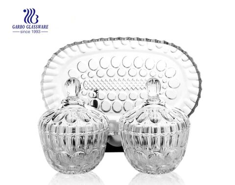 Hot sale decorative dot design 3pcs glass candy jar sets with plate 