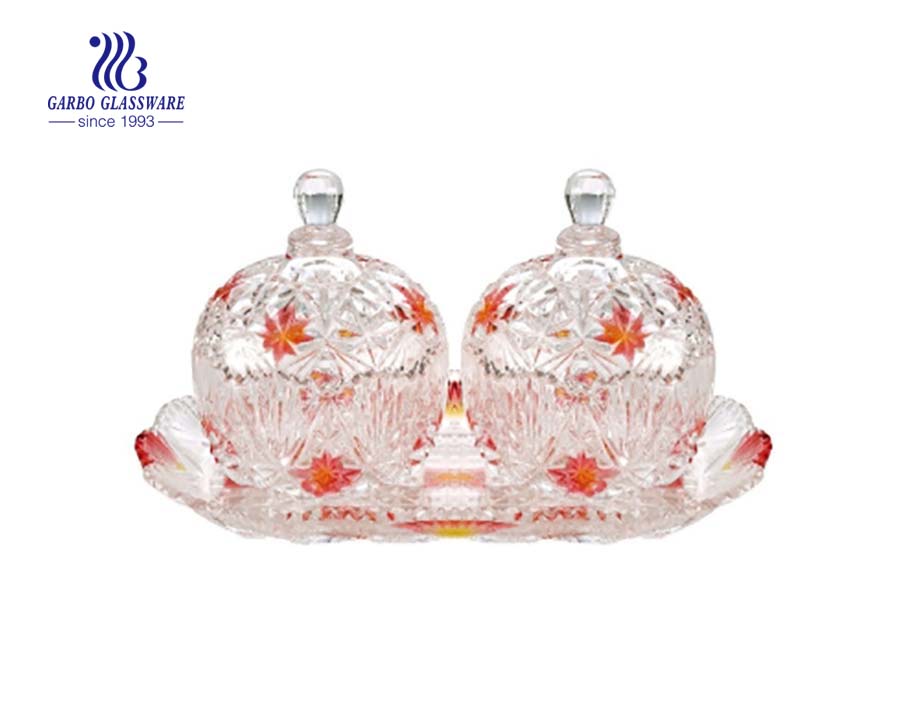 Hot sale decorative dot design 3pcs glass candy jar sets with plate 