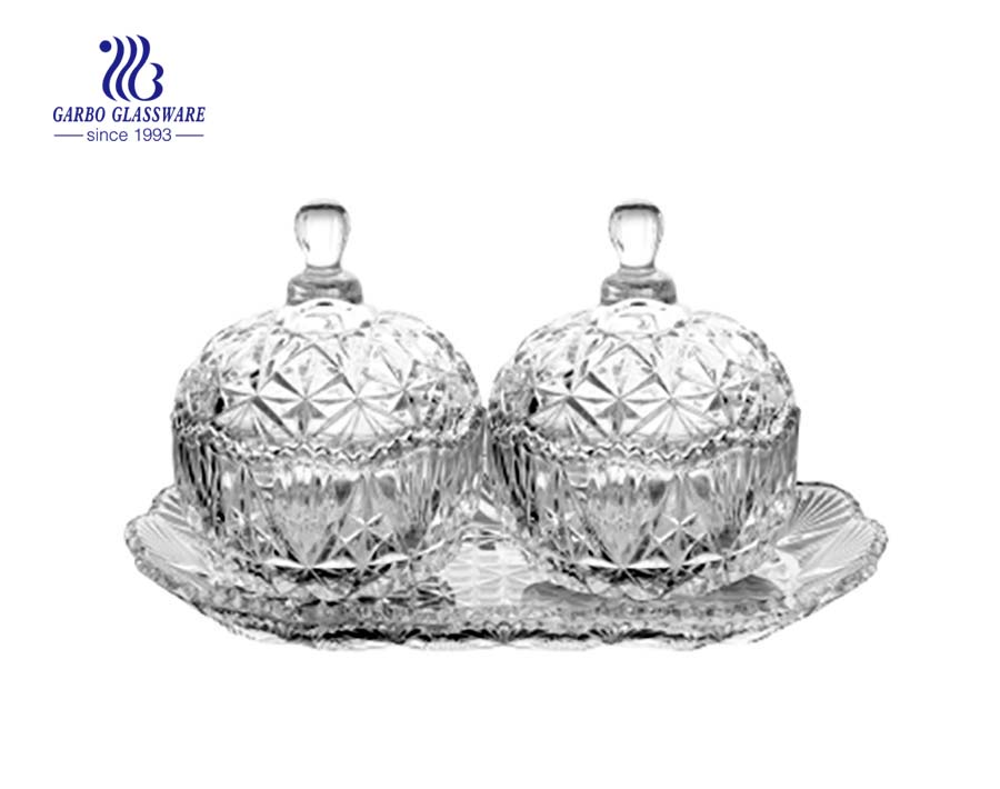 Hot sale decorative dot design 3pcs glass candy jar sets with plate 