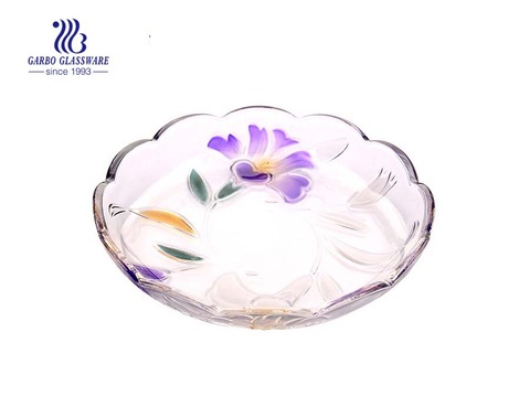 Glass fruit plate with sprayed petunia design