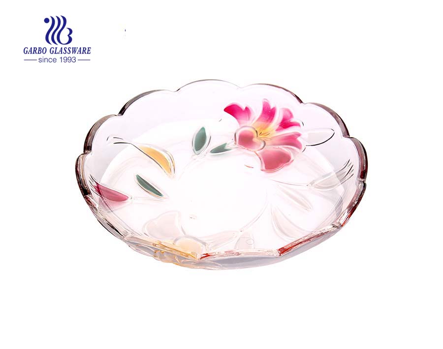 Glass fruit plate with sprayed petunia design