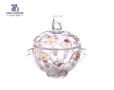 Colorful Flower Engraved Glass Candy Pot 