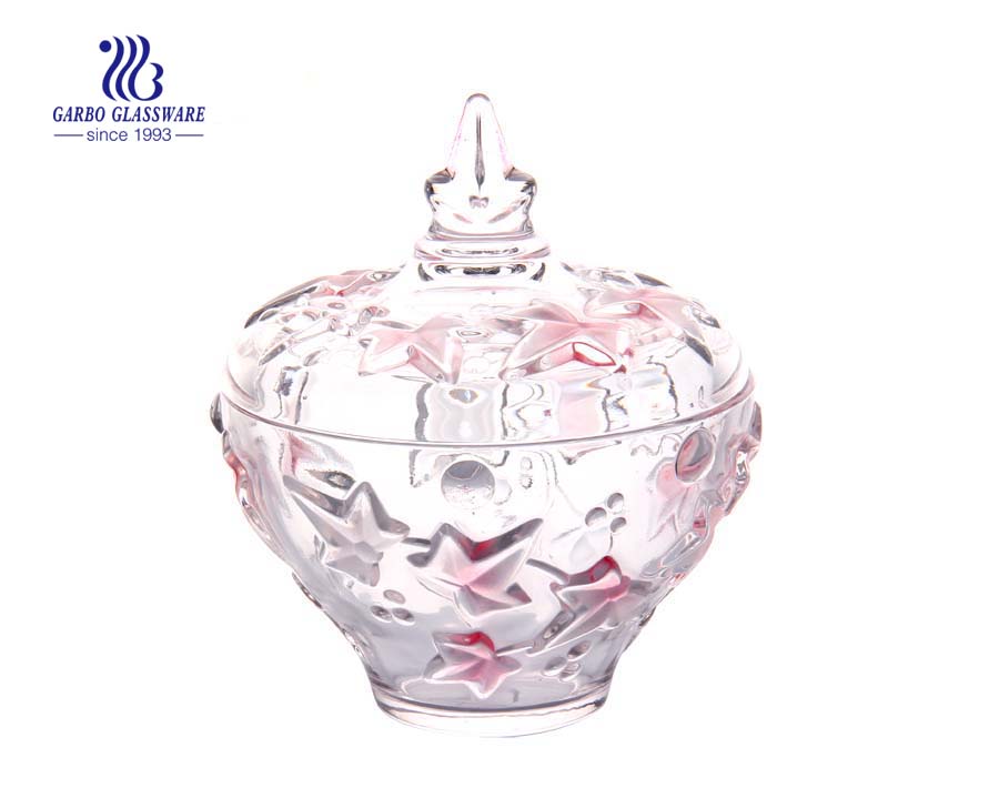 Leaf Pattern Engraved Glass Candy Pot 