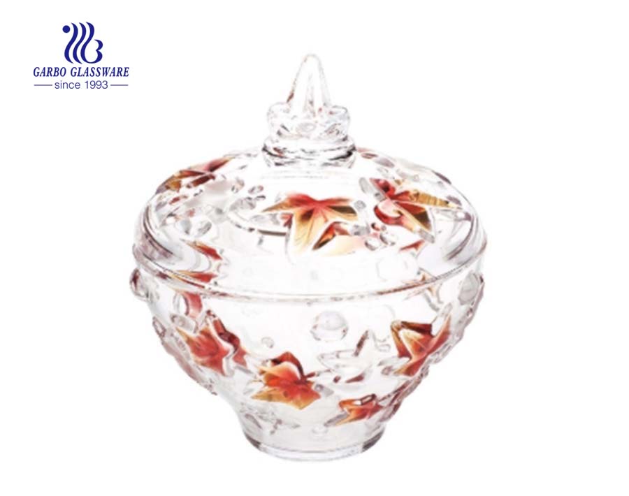 Leaf Pattern Engraved Glass Candy Pot 