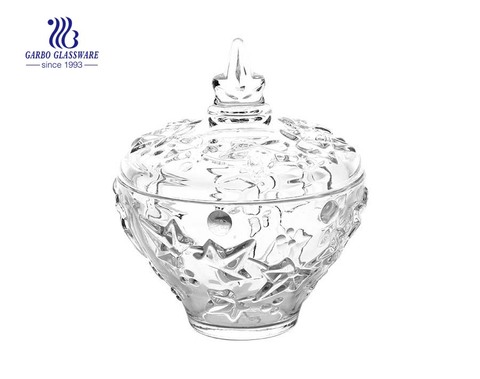 Leaf Pattern Engraved Glass Candy Pot 