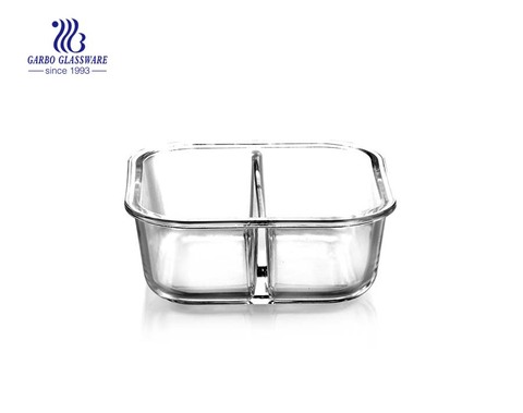 High borosilicate 1L rectangle glass lunch box with divider