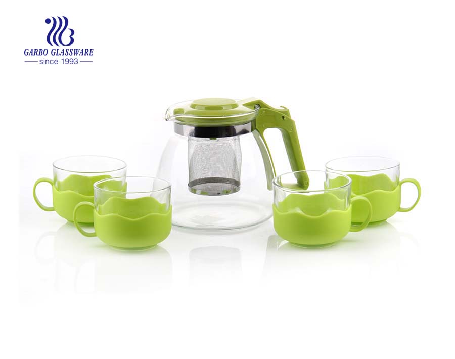 900ml Machine blown clear glass tea pot sets with printing for drinking