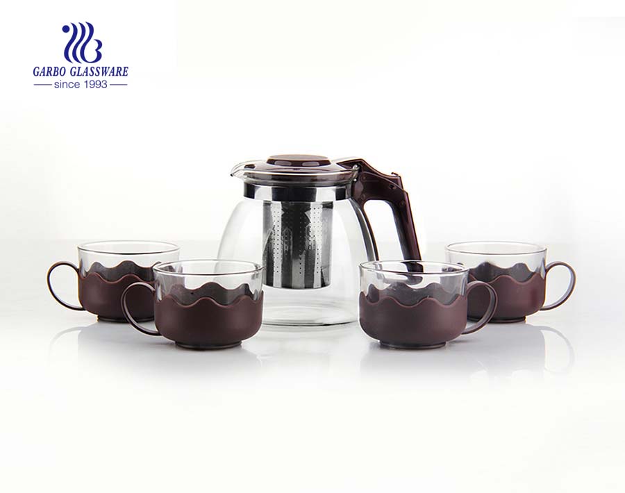 Ensembles de pot de thé en verre clair soufflé par machine 900ml avec l'impression pour boire