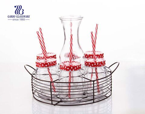 Hot Sale bunte 1L Glas Milchflasche Trinkset von 6 Einmachglas mit Metallgestell