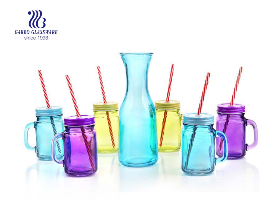 Hot Sale bunte 1L Glas Milchflasche Trinkset von 6 Einmachglas mit Metallgestell