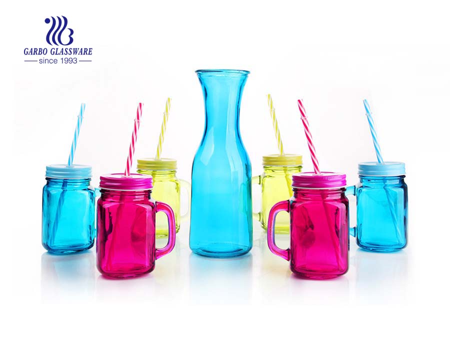 Hot Sale bunte 1L Glas Milchflasche Trinkset von 6 Einmachglas mit Metallgestell