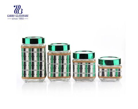 4 set decorative airtight glass jar with leather coating green color