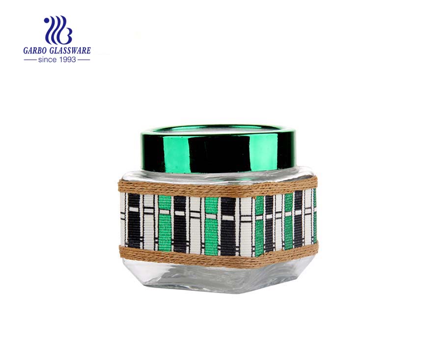 Ensemble de 4 pots en verre hermétiques décoratifs avec revêtement en cuir de couleur verte