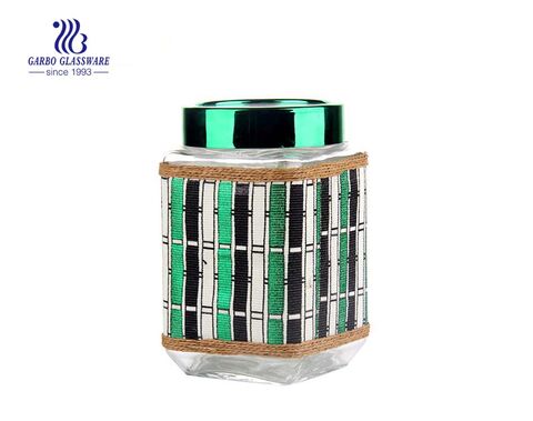 4 set decorative airtight glass jar with leather coating green color