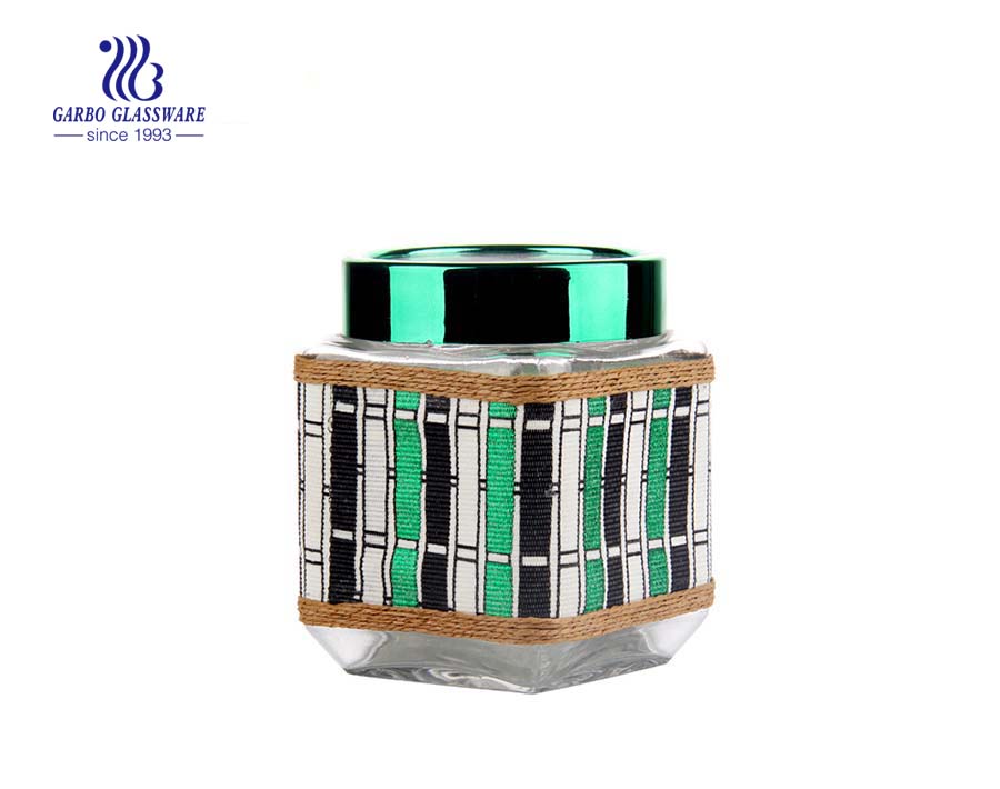 4 set decorative airtight glass jar with leather coating green color