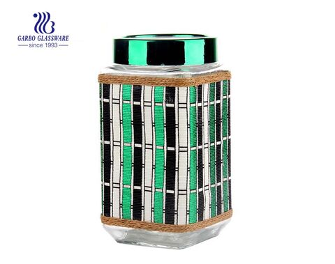 4 set decorative airtight glass jar with leather coating green color