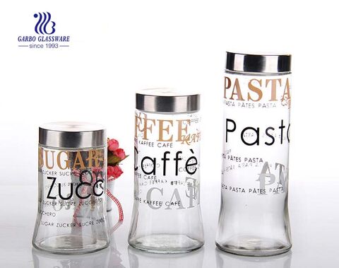 3 sets screw top glass storage jars with printing 