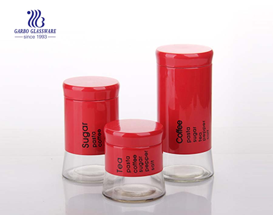 3 sets screw top glass storage jars with printing 