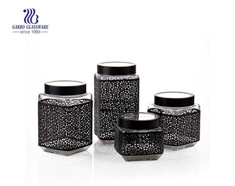 4 set square glass storage jars with black coating