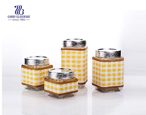 4 set square glass storage jars with black coating