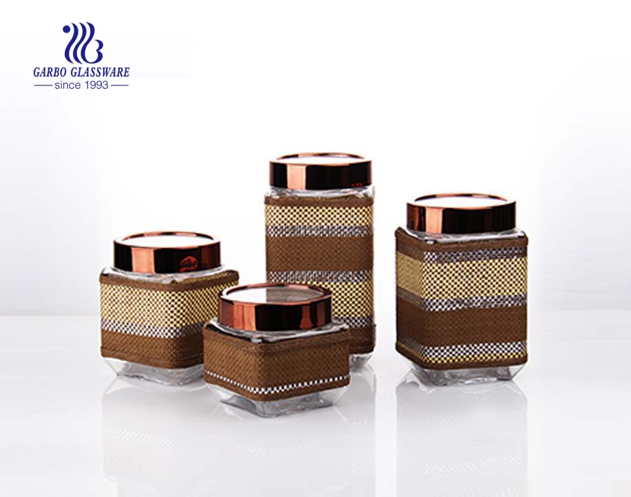 4 set square glass storage jars with black coating