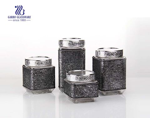 4 set square glass storage jars with black coating