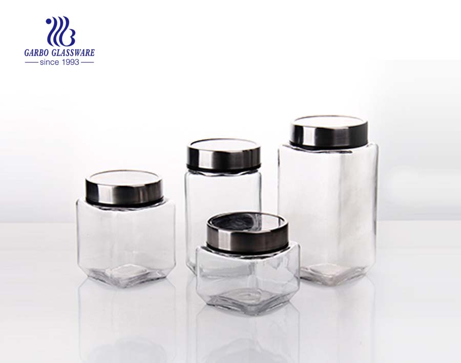 4 set square glass storage jars with black coating